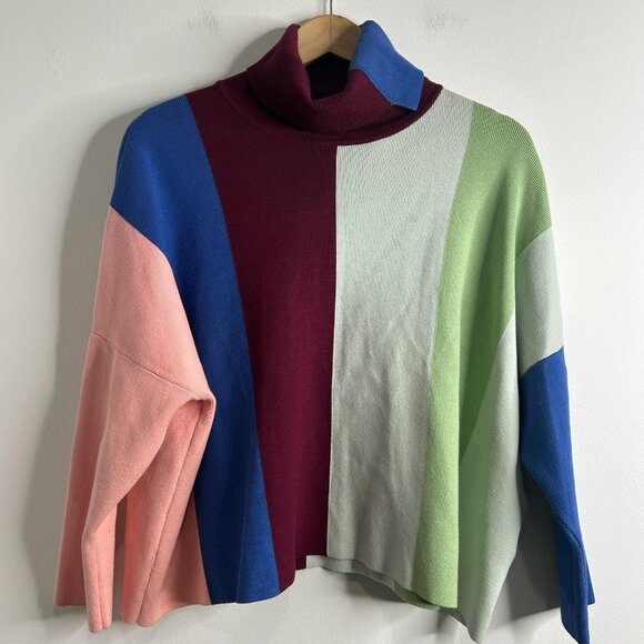 VVB Victoria Beckham Sweater Womens Medium Colorblock Turtleneck Pullover Boxy - Picture 1 of 11